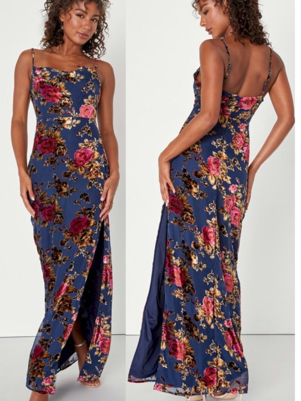 Lulu's Navy Floral Velvet-Print Maxi Dress
